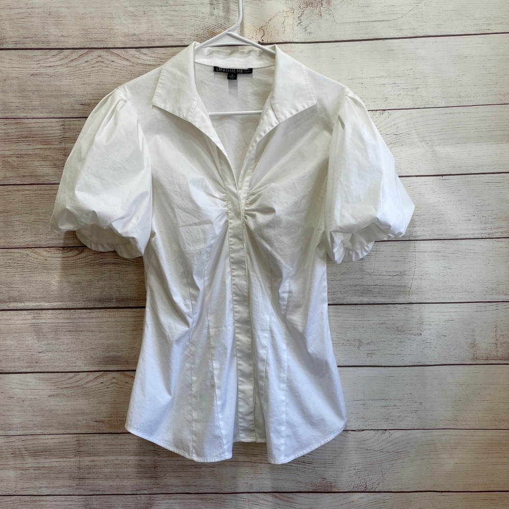 LAFAYETTE 148 WHITE BUTTON FRONT BLOUSE WITH PUFFED SLEEVES